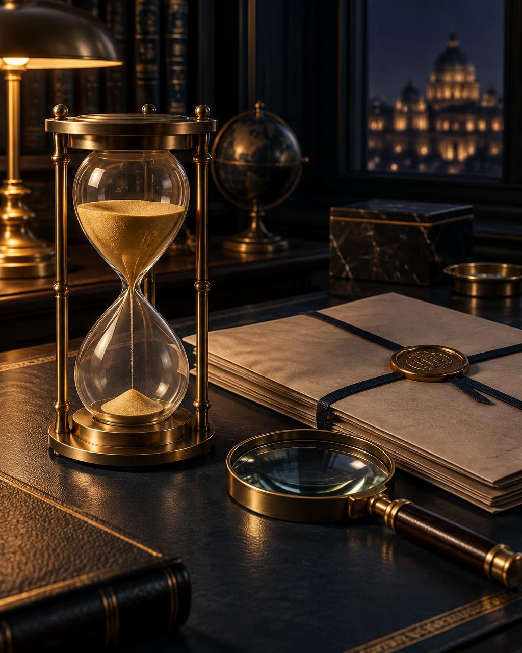 Hourglass with gold sand nearly run out